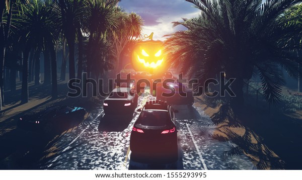 Night landscape with a mystical fog, rainy
road, cars on the highway, glowing scary pumpkin on a foggy night
in the woods on a wet track. 3D
Rendering