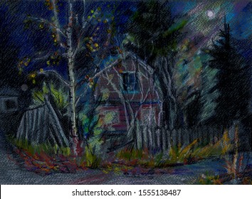 night landscape with old house, birch trees and spruces