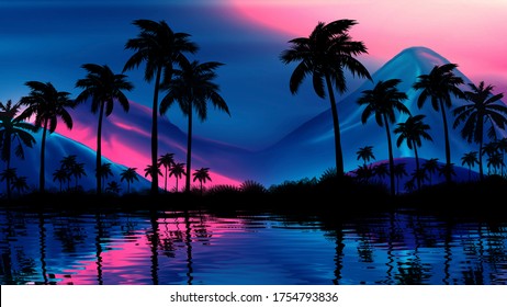 Night Landscape With Palm Trees, Against The Backdrop Of A Neon Sunset, Stars. Silhouette Coconut Palm Trees On Beach At Sunset. Futuristic Landscape. Neon Palm Tree. Tropical Sunset. 3D Illustration