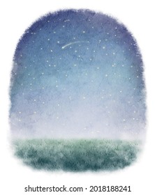 Night Landscape Scenery With Green Grass Summer Meadow And Sky With Stars. Watercolor Hand Drawn Illustration Sketch