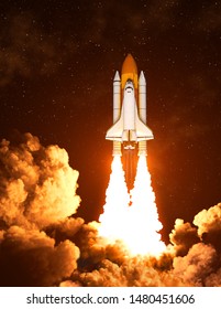 Night Launch Of The American Space Shuttle. 3D Illustration.