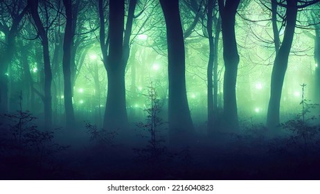 Night magical fantasy forest. Forest landscape, neon, magical lights in the forest. Fairy-tale atmosphere, fog in the forest, silhouettes of trees. 3D illustration. - Shutterstock ID 2216040823