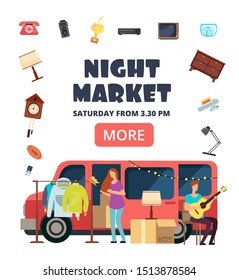 Night Market, Street Bazaar Invitation Poster. Flea Markets Flyer