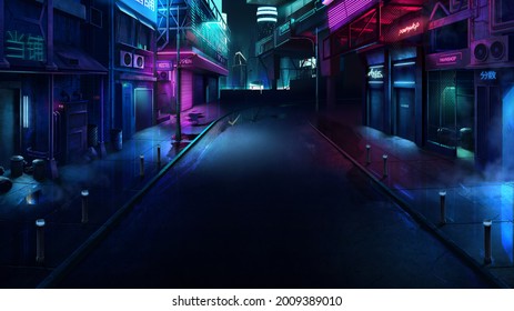 Night neon city of the future. Realistic 2D illustration. Translation: "Pawnshop. Bar".