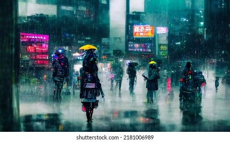 Night Neon City, Rain Weather. Rainy Streets Of Tokyo. Signboard Lights Reflected In The Water. Abstract City. Silhouettes Of People. 3D Illustration.