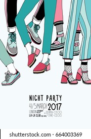 Night party hand drawn colorful poster with dancing legs. Dance, event, festival Illustration placard