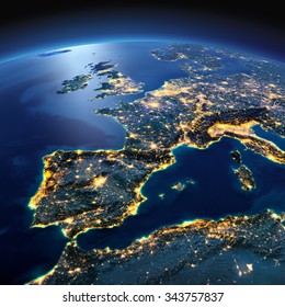 Night Planet Earth with precise detailed relief and city lights illuminated by moonlight. Part of Europe, the Mediterranean Sea. Elements of this image furnished by NASA