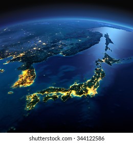 Night planet Earth with precise detailed relief and city lights illuminated by moonlight. Part of Asia, Japan and Korea, Japanese sea. Elements of this image furnished by NASA