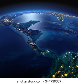 Night planet Earth with precise detailed relief and city lights illuminated by moonlight. The countries of Central America. Elements of this image furnished by NASA