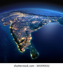 Night planet Earth with precise detailed relief and city lights illuminated by moonlight. India and Sri Lanka. Elements of this image furnished by NASA