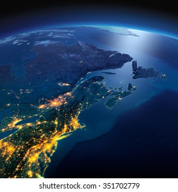 Night planet Earth with precise detailed relief and city lights illuminated by moonlight. Detailed Earth. Northeast US and Eastern Canada. Elements of this image furnished by NASA