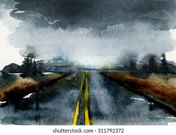 Night Road.watercolor Illustration