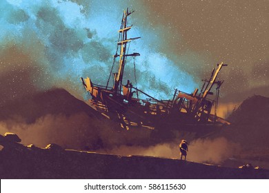 Night Scene Of Abandoned Ship On The Desert With Stary Sky,illustration Painting