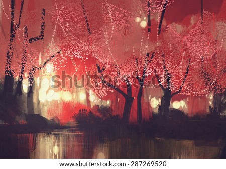 night scene of autumn forest,fantasy landscape painting