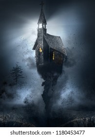 Night Scene With Creepy Church, Birds And Smoke. 3D Illustration.