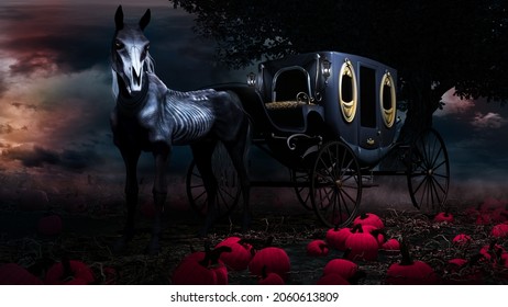 Night Scene With Creepy Horse, Carriage An Pumpkins. 3D Illustration.