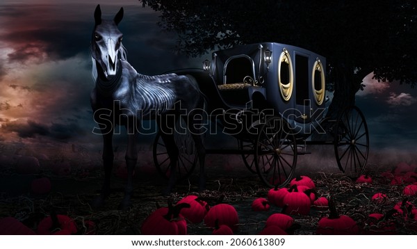 Night Scene Creepy Horse Carriage Pumpkins Stock Illustration ...