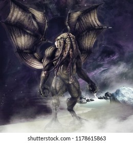 Night scene with the Cthulhu monster with wings standing on the shore of a sea. 3D illustration.