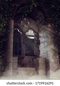 Night Scene With A Full Moon And A Gothic Window With Green Vines. 3D Illustration.