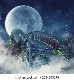 Night Scene With A Gothic Bridge With Rose Vines Against The Night Sky With The Full Moon. 3D Illustration.