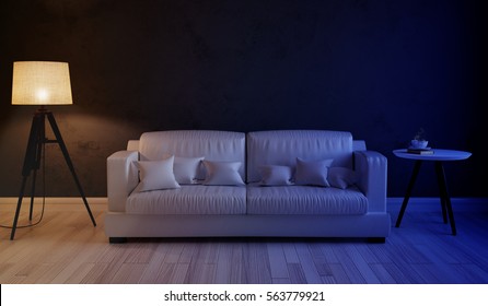 Night Scene Of The Interior Living Room. 3d Illustration