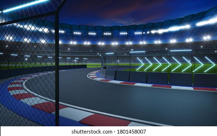 Night Scene Modern International Race Track With Railing And Neon Light Arrow Sign. 3d Rendering