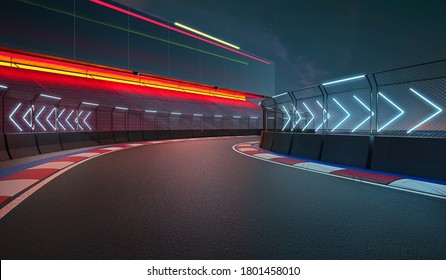 Night Scene Modern International Race Track With Railing And Neon Light Arrow Sign. 3d Rendering