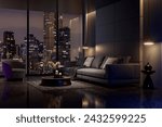 Night scene, Modern style luxury black living room with city view 3d render, There are black terrazzo floor decorated wall with hidden light, furnished with black fabric sofa