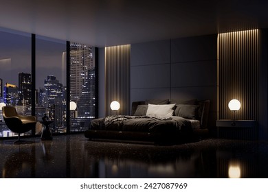 Night scene, Modern style luxury black master bedroom with city view 3d render, There are black terrazzo floor decorated wall with hidden light, furnished with black fabric bed - Powered by Shutterstock