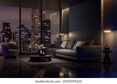 Night scene, Modern style luxury black living room with city view 3d render, There are black terrazzo floor decorated wall with hidden light, furnished with black fabric sofa - Powered by Shutterstock