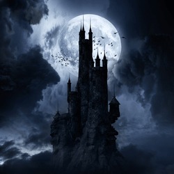 Night Scene With Moon And Creepy Castle. 3D Illustration.