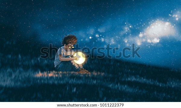 小さな月を手にした少年が草地に座る夜景 デジタルアートスタイル イラトスペイント のイラスト素材
