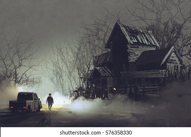 Night Scene Of Truck Driver And Abandoned Haunted Old House In Forest,illustration Painting