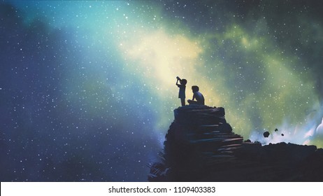 night scene of two brothers outdoors, llittle boy looking through a telescope at stars in the sky, digital art style, illustration painting