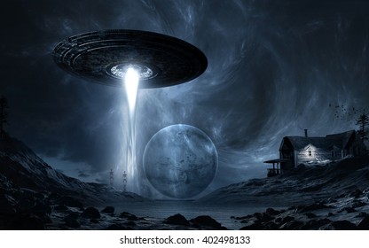 Night Scene With Two Skeletons, Flying Saucer, Moon And Lake. 3D Illustration.