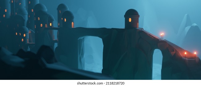 Night scene of the underground kingdom, glowing yellow windows. Many steps to the tower on the bridge at the entrance to the city in rocks, burning torches, blue fog. Fairy tale book cover. 3d render. - Powered by Shutterstock