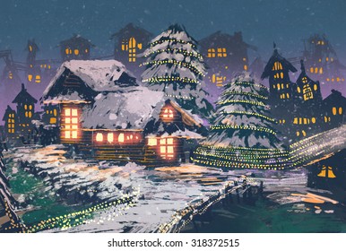 Night Scene Of Wooden Houses With Christmas Lights,illustration Painting