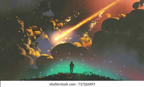 Night Scenery Of A Boy Looking The Meteor In The Colorful Sky, Digital Art Style, Illustration Painting