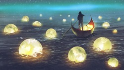 Escenografía Nocturna De Un Hombre Remando Un Bote Entre Muchas Lunas Brillantes Flotando En El Mar, Estilo De Arte Digital, Ilustración Pintar