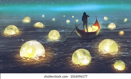 night scenery of a man rowing a boat among many glowing moons floating on the sea, digital art style, illustration painting