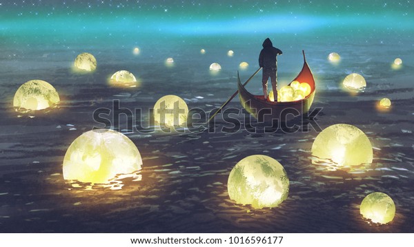 night\
scenery of a man rowing a boat among many glowing moons floating on\
the sea, digital art style, illustration\
painting