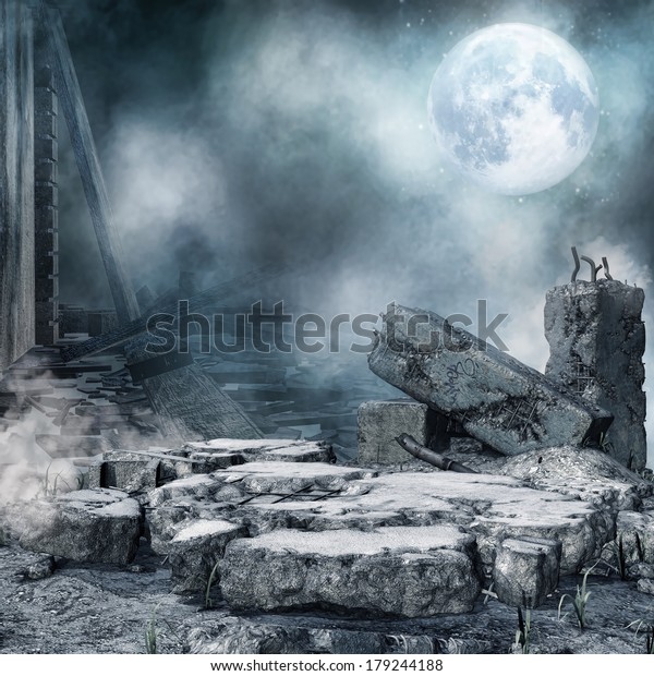 月と夜景 荒れ果てた都市 瓦礫 のイラスト素材