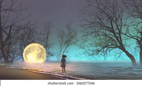 Night Scenery Of Young Woman Looking At The Fallen Moon On The Lake, Digital Art Style, Illustration Painting