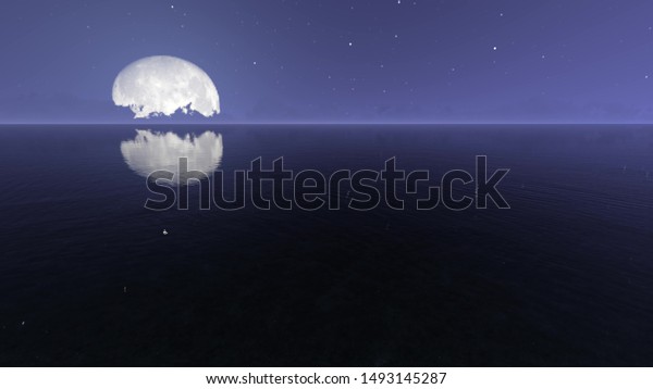 Night sea with moon realistic 3d\
render Moonlight reflection in water smooth surface. Romantic\
beautiful scenery. Ocean landscape. Midnight seascape\
