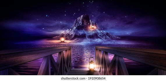 Night seascape, fantasy island with lanterns and a wooden pier by the sea. Evening Shore, beach party. Neon blue sunset, reflection of neon in the water. 3D illustration. 