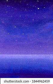 Night Seascape Oil Painting Acrylic Watercolor. Purple Starry Sky And Blue Ocean Water Sea Illustration Background On Canvas.