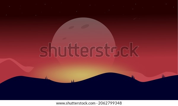 Night sky art with mountains and\
lights, moon, stars, comets and meteors in the\
background