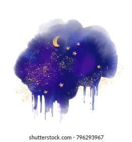 Night sky, cloud, winter, cosmos, stars, sun, moon, snow, rain sketch. Watercolor abstract background. Trendy  hand drawn illustration graphics.