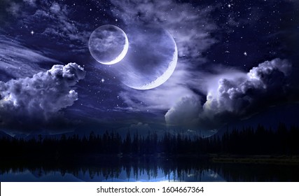 Night sky   double moon fabulous cloudy sky
