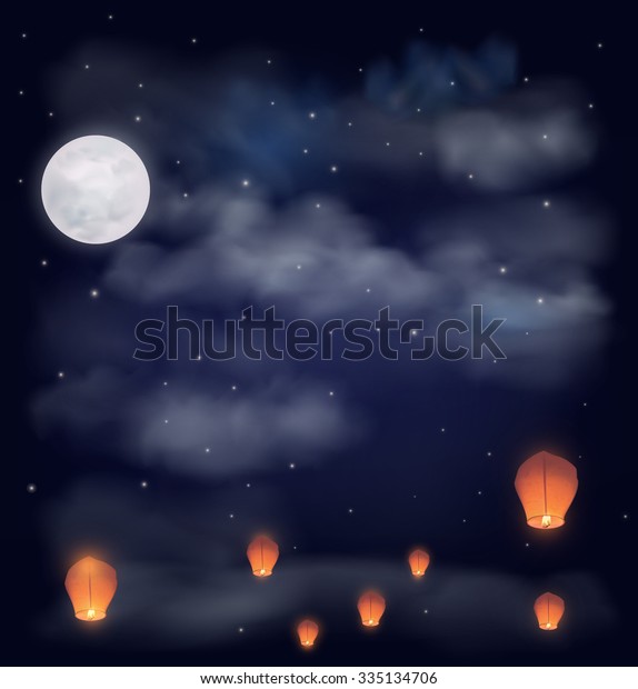 Night sky with the moon, stars and chinese\
wish lanterns.\
Illustration
